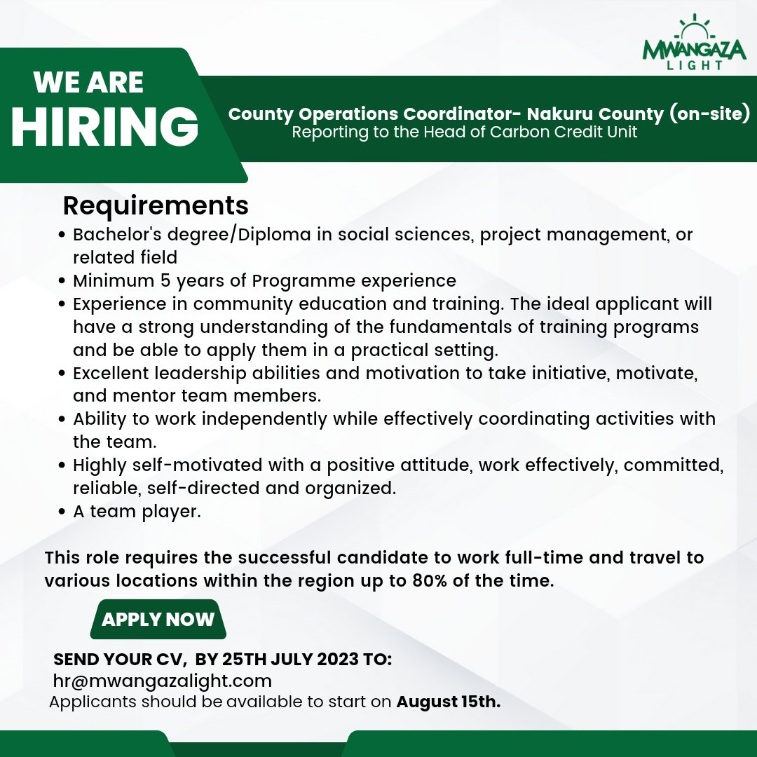 We are hiring! Please share widely🙂

#mwangazalight #ikokazi #hiring  #ikokazikenya #ikokazike #jobsinkenya #kenyanjobs #kenyanjobsdaily #jobopportunity #jobopportunities #cleanenergy #cleancooking #energyaccess