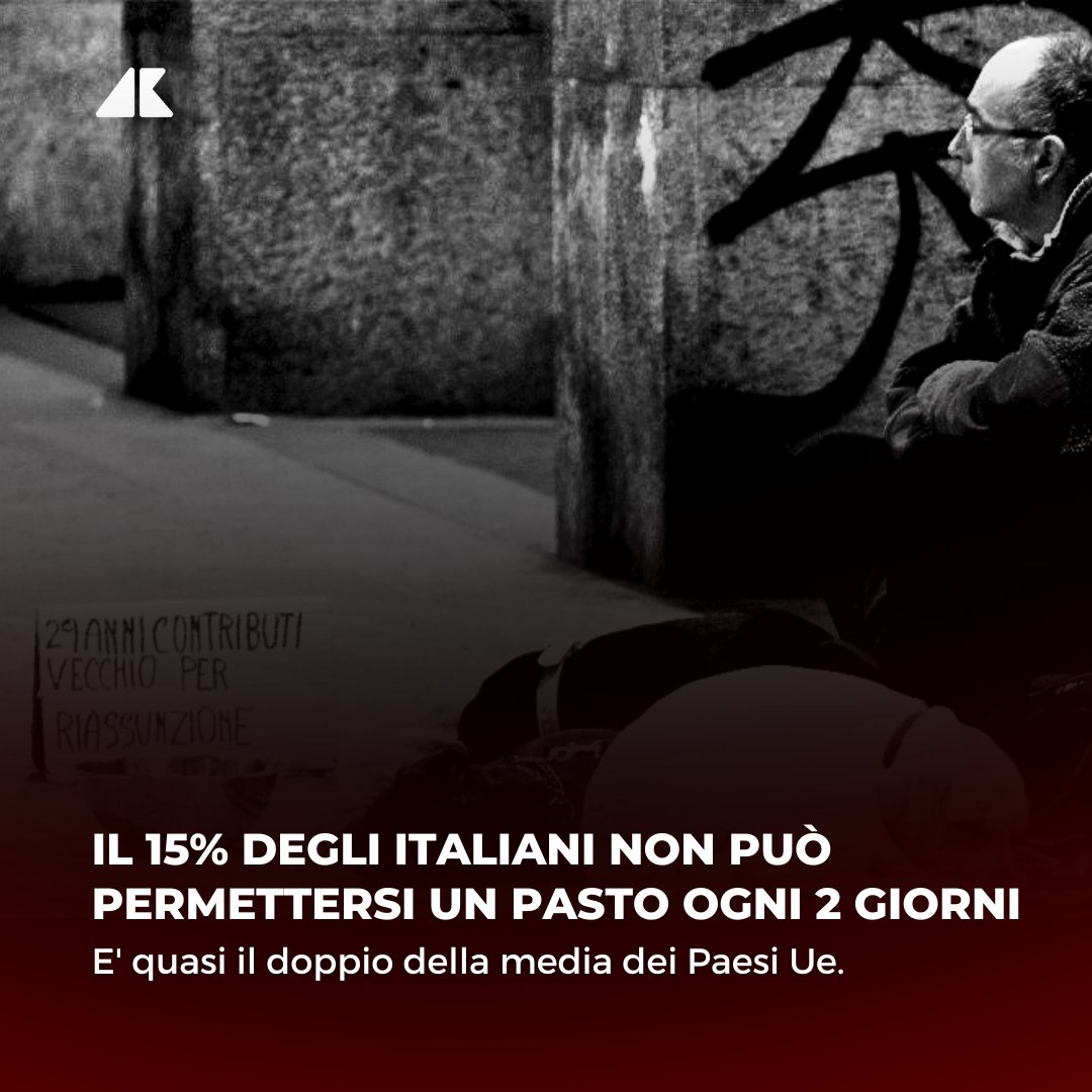 Adnkronos's tweet photo. Aumento della povertà in Italia: secondo Eurostat nel 2022 il 15% della popolazione non poteva permettersi pasti regolari ogni due giorni. E' quasi il doppio della media europea, che si aggira attorno all'8,3%.

📊 https://t.co/sAAkUtdY9H https://t.co/freGonP4OC