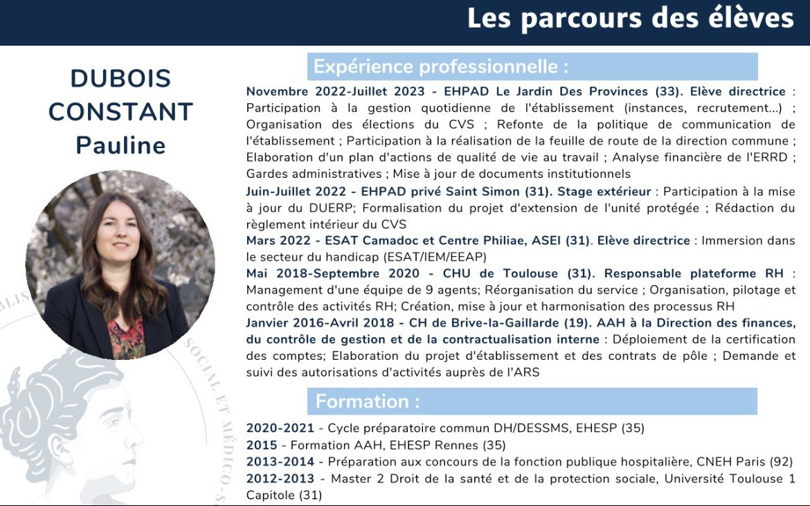 [Affectations] nous continuons la présentation des élèves D3S de la promotion Suzanne Noël. Pour rappel, vous avez jusqu’au 4 août pour faire remonter vos postes! <a href="/EHESP/">EHESP</a>