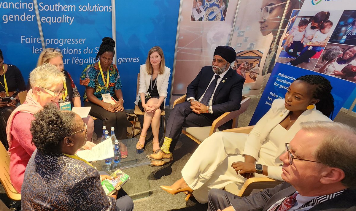 DrSam_Oti's tweet photo. We were delighted to host 🇨🇦 Hon. Minister @HarjitSajjan and Hon. MP @KayabagaArielle at the @IDRC_CRDI exhibition booth  #WD2023 where they engaged with our grantees who are working on various #GenderEquality issues https://t.co/kYRuImC5g3
