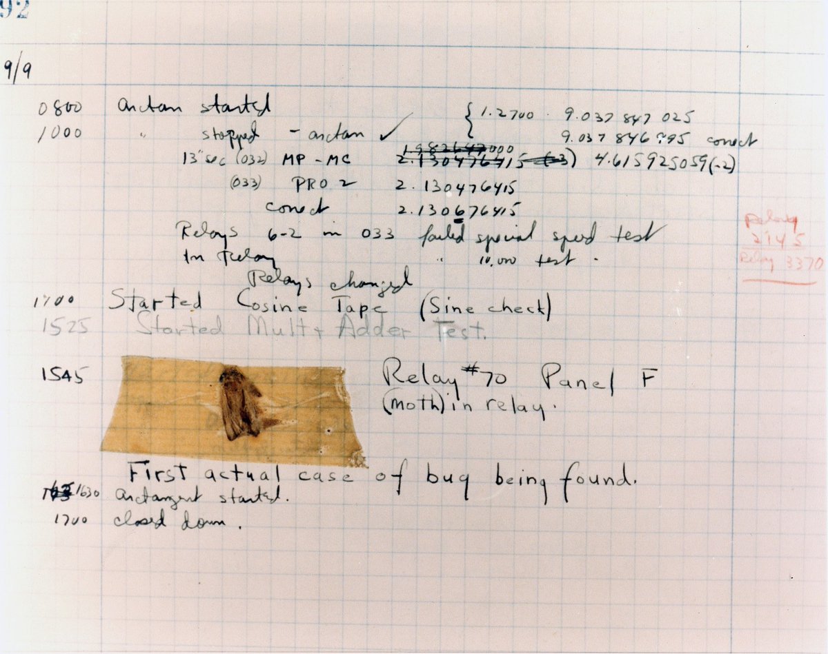 Etwas #Informatik. Warum nennt man #Programmfehler eigentlich #Bugs (Insekten)?

Die Computerpionierin #GraceHopper verbreitete die Geschichte, dass eine #Motte in einem #Relais des Computers Mark II Aiken Relay Calculator zu einer Fehlfunktion führte. ⬇️