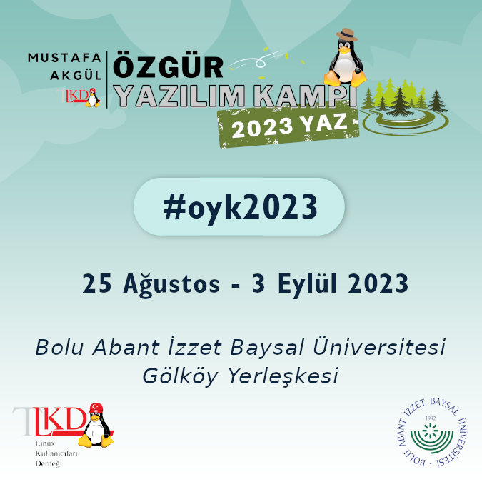 Geri sayım başladı. Mustafa Akgül Özgür Yazılım 2023 Yaz Kampı yine Bolu Abant İzzet Baysal Üniversitesi'nde. 25 Ağustos - 3 Eylül Tarihleri arasında yapılacak. Eğitimler ve başvurular konusunda bizi takip etmeyi unutmayın... #oyk2023yaz