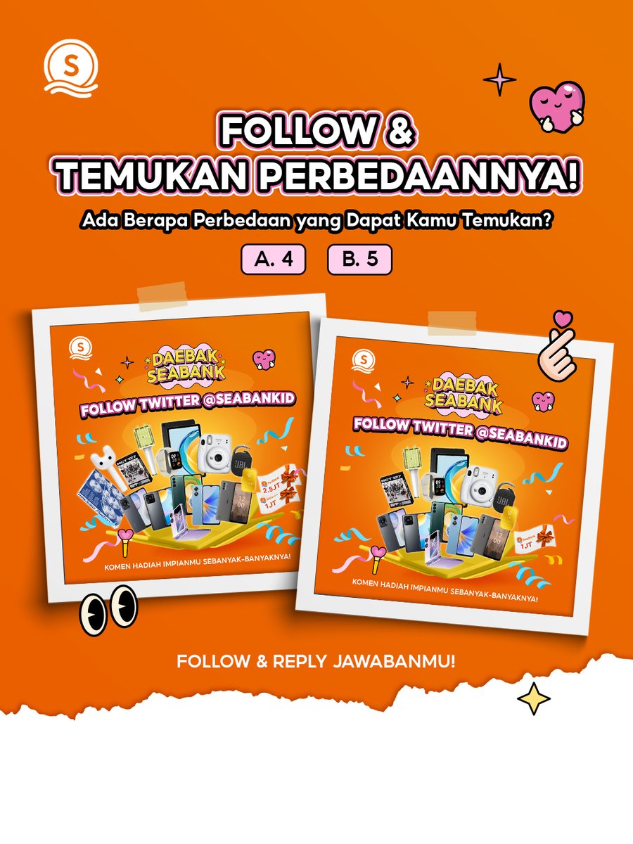 🙌FOLLOW &amp; TEMUKAN PERBEDAANNYA!!🙌

Kalo kamu berhasil menemukan perbedaannya, itu tandanya kamu sudah siap untuk membawa pulang hadiahnya! Menangkan kesempatannya dengan FOLLOW &amp; REPLY jawabanmu sebanyak-banyaknya sekarang!🧡