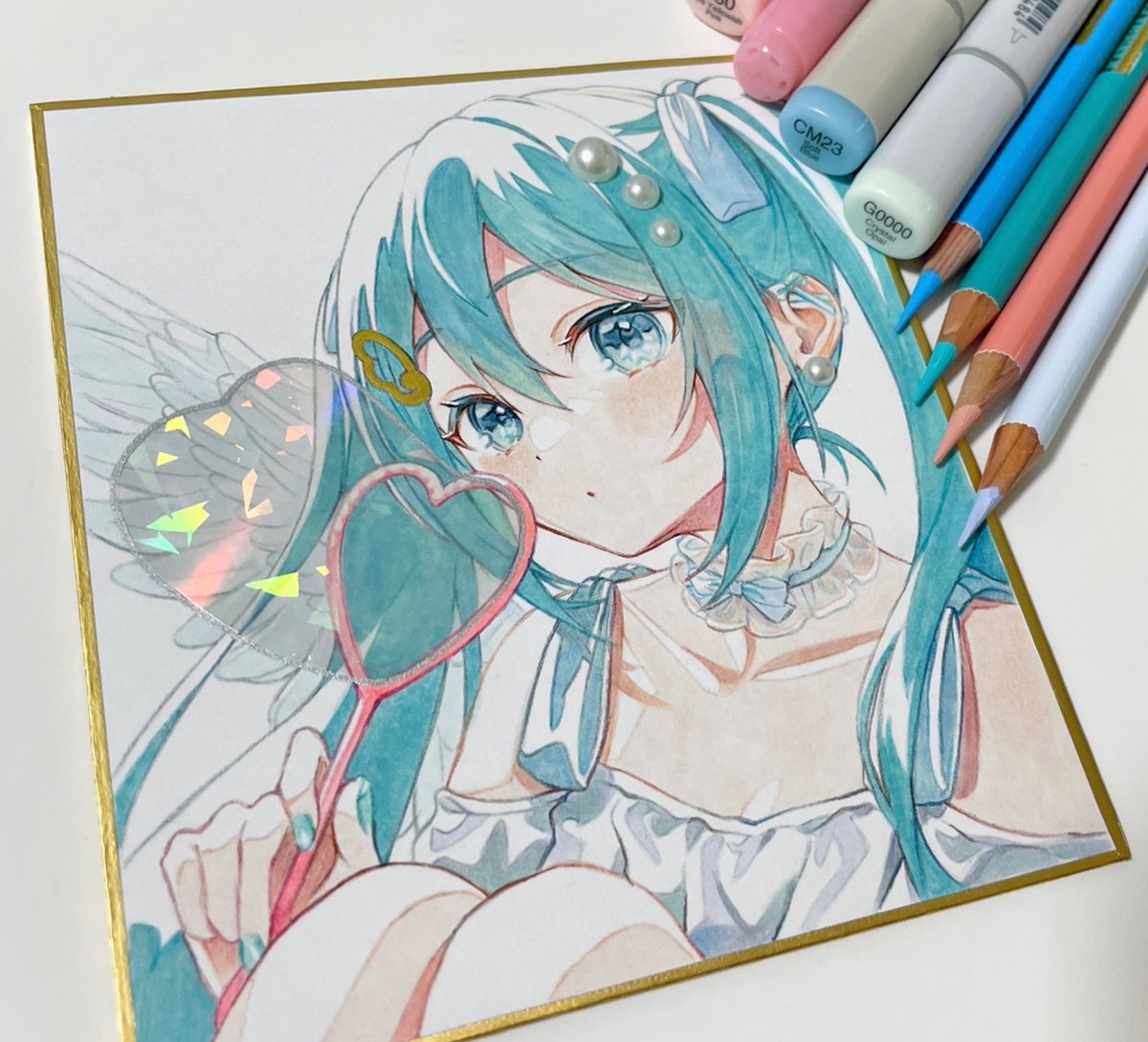 hatsune miku 1girl traditional media solo marker (medium) twintails wings white choker  illustration images