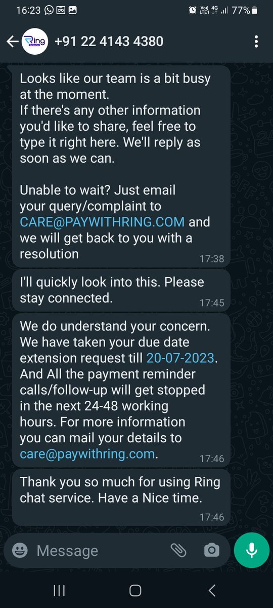 IamNilae's tweet photo. @RBI @nsitharaman @FinMinIndia i am constantly being harassed by @PaywithRing for repayment of my due, i have been given extension to till 28/07/23 and i was said no calls/msg followup shall be done. Yet i am getting 20 calls in a day. Please help in this issue. https://t.co/alMfRsaNl6