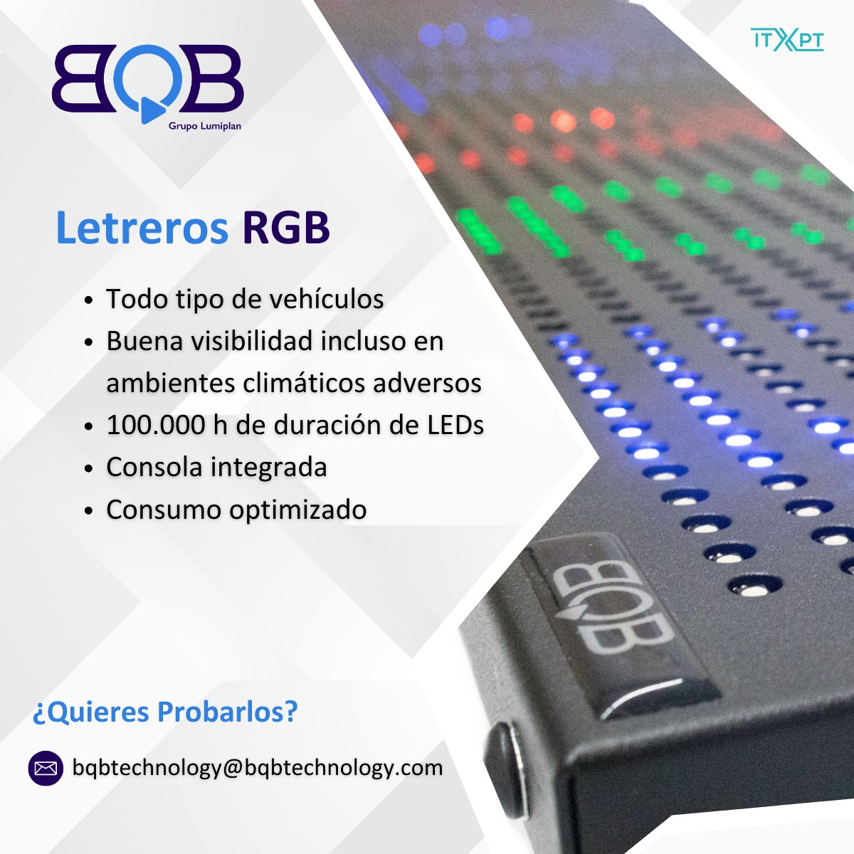 BQB_Technology's tweet photo. 🚍¿Necesitas equipar tu flota de autobuses?

▶️ Nuestros #letreros #RGB con #consola integrada son la mejor elección.

✅ Consumo optimizado, ahorra en costes
✅ Para todo tipo de vehículos
✅ 100.000 horas de duración de LEDs

#Smartmobility #Movilidad #TransportePúblico https://t.co/yC4TkmjDCl