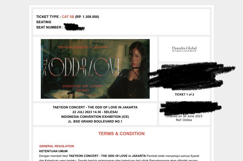 WTS Taeyeon THE ODD OF LOVE in Jakarta

1 Tiket CAT 5B Row K1xx :
💸 1.5 jt 

✅Tiket diurus sampai fisik
✅DP 50%, COD venue (temenku nonton disamping, akunya berhalangan)

DM for more info☺️🙏