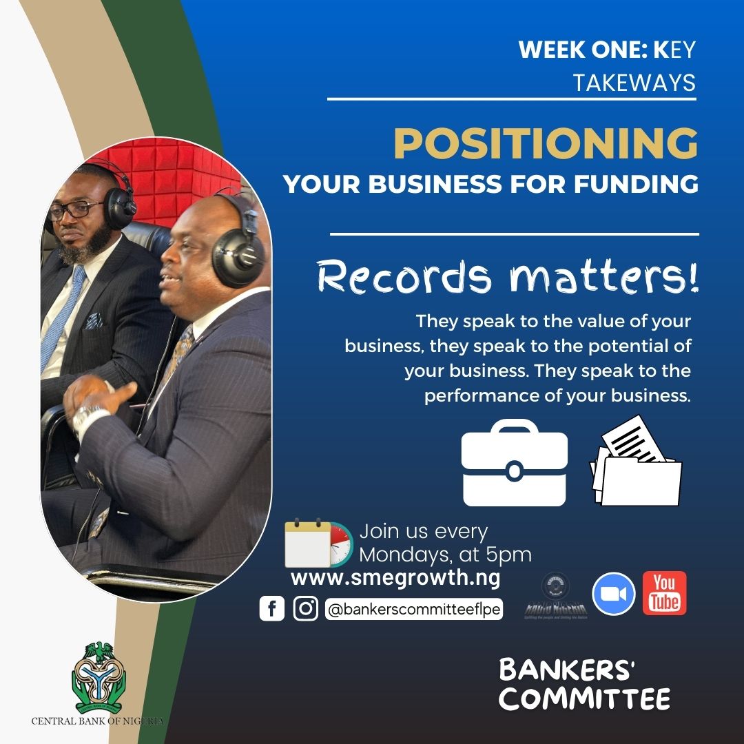 Key Takeaways from Week One:

Records matters! They speak to the value of your business, they speak to the potential of your business. They speak to the performance of your business. Join us again, next week (Link in Bio) - smegrowth.ng #Businesses #Nigeria