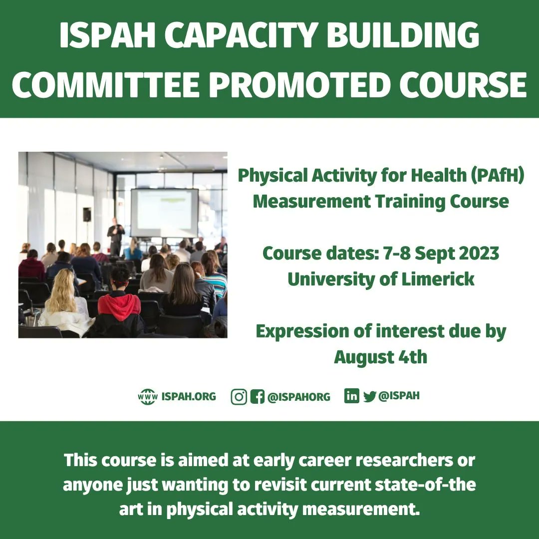 🚨 Physical Activity for Health (PAfH) Measurement Training Course
👉 For those looking to develop their knowledge in Physical Activity behaviour &amp; correlate measurement
📅 Dates: 7-8 Sept 2023
📍 Venue: University of Limerick
For more information visit pafh-ul.ie