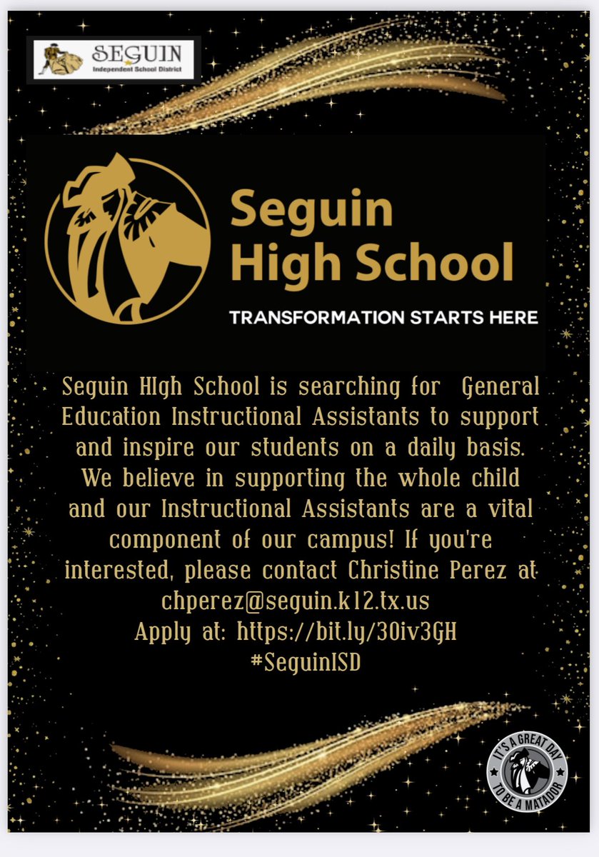 Join our amazing team! <a href="/SeguinHSTx/">Seguin High School</a> <a href="/SeguinISD/">Seguin ISD</a> <a href="/SeguinCTE/">Seguin CTE</a> <a href="/SeguinISDHR/">SeguinISDHR</a>