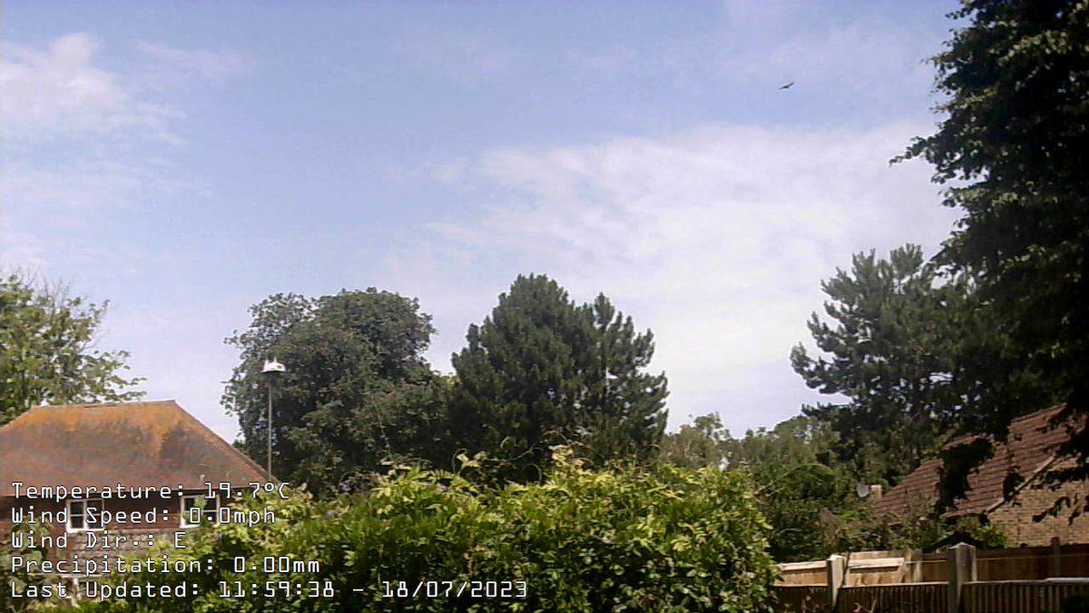 Report at 12:00 Wind:ENE at av. 0mph, max gust today 0.0mph at 15:34Temp:19.7CMax today:21.2C at 10:21 Min today: 11.2C at 05:16 Baro:1018.7mb FallingRain Today:  0.0mm Fcst: increasing clouds and warmer, precipitation possible within 12 to 24 hrs, windy.