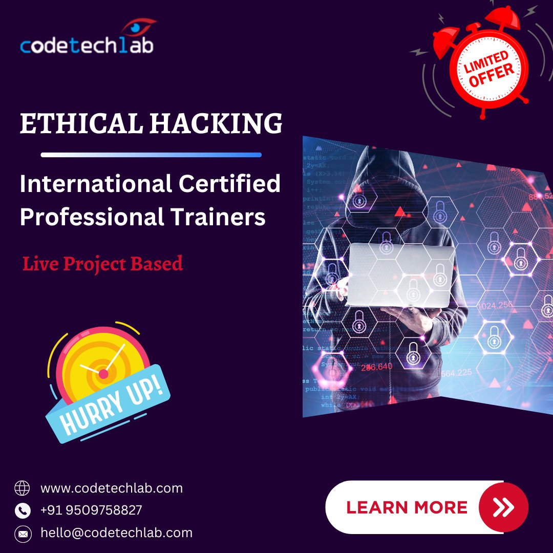 CodeTechLab's tweet image. CodeTechlab Provides the Best Ethical Hacking Training in Jaipur. Professional Trainers, Highly Experienced. Come and Join with Us.

* Work in Live Project Based.

For More Details Follow Us:
👇
🌐 codetechlab.com
☎️ 9509758827
💻 hello@codetechlab.com
#codetechlab