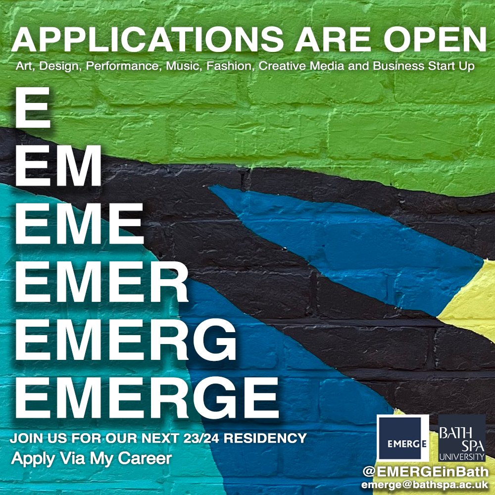 EMERGE Creative Studio (@emergeinbath) on Twitter photo APPLICATIONS FOR OUR 23/24 RESIDENCY ARE NOW LIVE
LINK IN BIO
Graduating this year or did in 2022 from @bathspauni?
Freelance, creative practice, business start-up. Take your professional journey forward
Deadline: 20 Aug '23 @ 10am
<a href="/BathSpaUni/">Bath Spa University</a> <a href="/BathSpaAlumni/">Bath Spa Alumni</a> @bathspacareers APPLICATIONS FOR OUR 23/24 RESIDENCY ARE NOW LIVE
LINK IN BIO
Graduating this year or did in 2022 from @bathspauni?
Freelance, creative practice, business start-up. Take your professional journey forward
Deadline: 20 Aug '23 @ 10am
<a href="/BathSpaUni/">Bath Spa University</a> <a href="/BathSpaAlumni/">Bath Spa Alumni</a> @bathspacareers