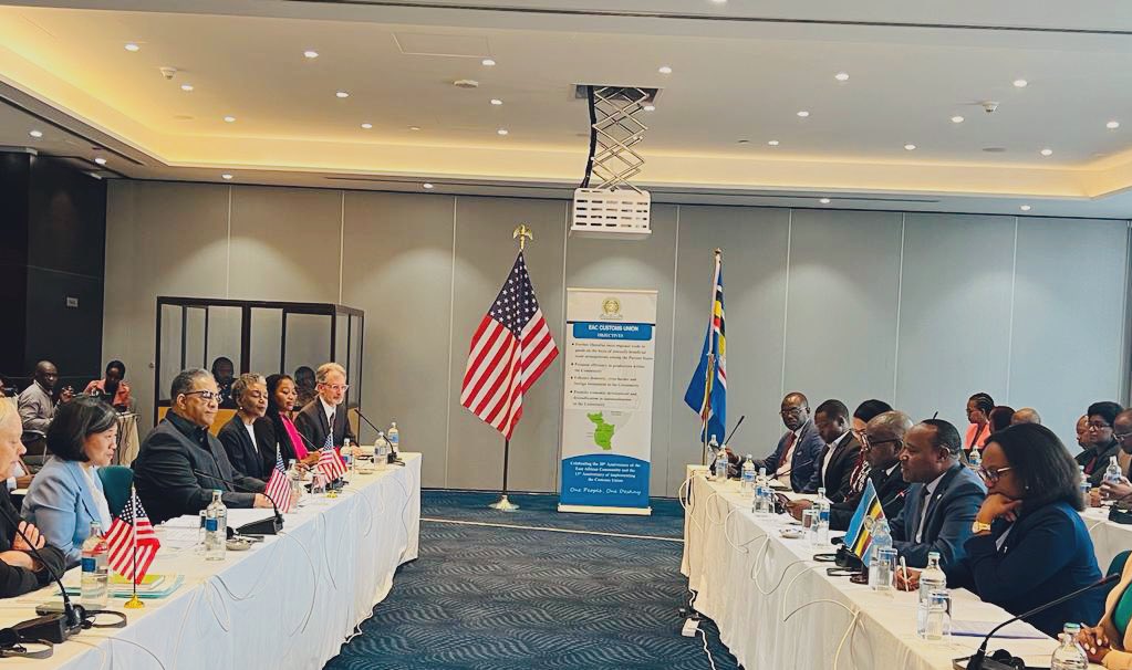 jumuiya's tweet photo. EAC Secretary General @pmathuki during the EAC-US Trade and Investment Framework Agreement (TIFA) Council Meeting with the US Trade Rep @AmbassadorTai and Members of the EAC Council of Ministers.

The meeting aims to deepen commercial and economic ties between EAC and the US. https://t.co/5aqKyZ3q8m