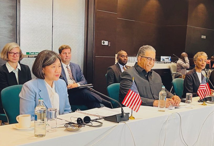 jumuiya's tweet photo. EAC Secretary General @pmathuki during the EAC-US Trade and Investment Framework Agreement (TIFA) Council Meeting with the US Trade Rep @AmbassadorTai and Members of the EAC Council of Ministers.

The meeting aims to deepen commercial and economic ties between EAC and the US. https://t.co/5aqKyZ3q8m