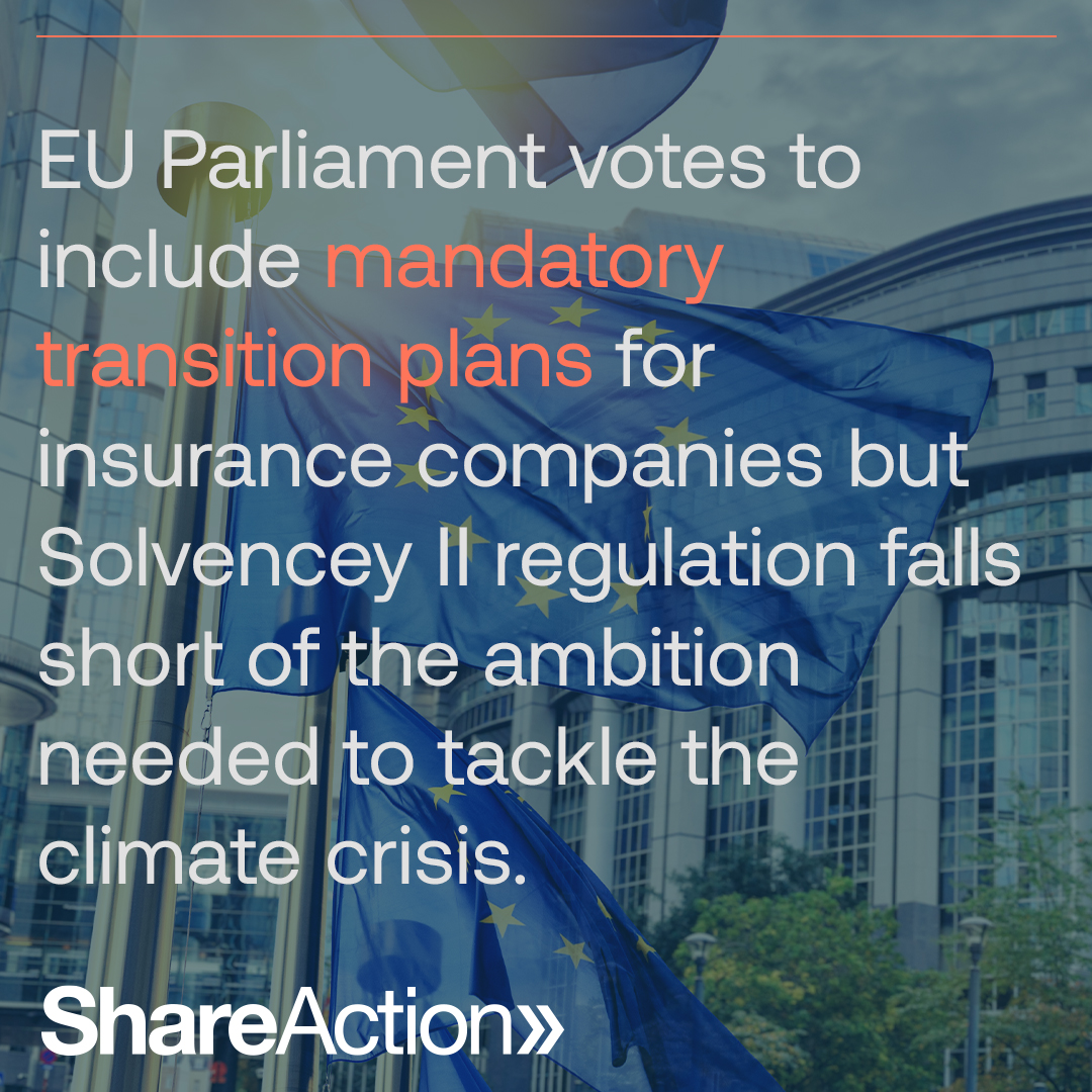 .@Europarl_EN has voted on insurance regulation #SolvencyII Despite introducing mandatory transition plans for insurance firms, today was a missed opportunity to align the sector with #netzero & steer the industry away from #fossilfuels Our reaction⬇ shareaction.org/news/european-…