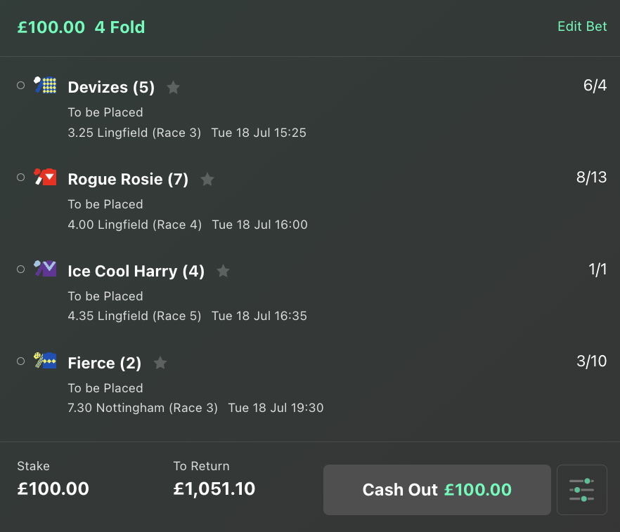 HIGH Confidnece in our Tuesday Racing Place Acca

Odds = 9.5/1

💰3.25 Lingield - Devizes
💰4.00 Lingfield - Rogue Rosie
💰4.35 Lingfield - Ice Cool Harry
💰7.50 Nottingham - Fierce