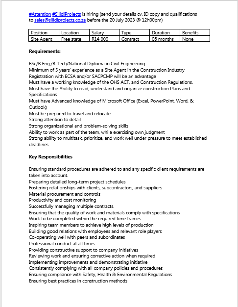 SilidiC's tweet photo. Silidi Projects is hiring 
We need a qualified Aite Agent urgently &amp; a monthly salary is R14k with no benefits included except accommodation on site for the duration of the contract. https://t.co/hchsybdzJC
