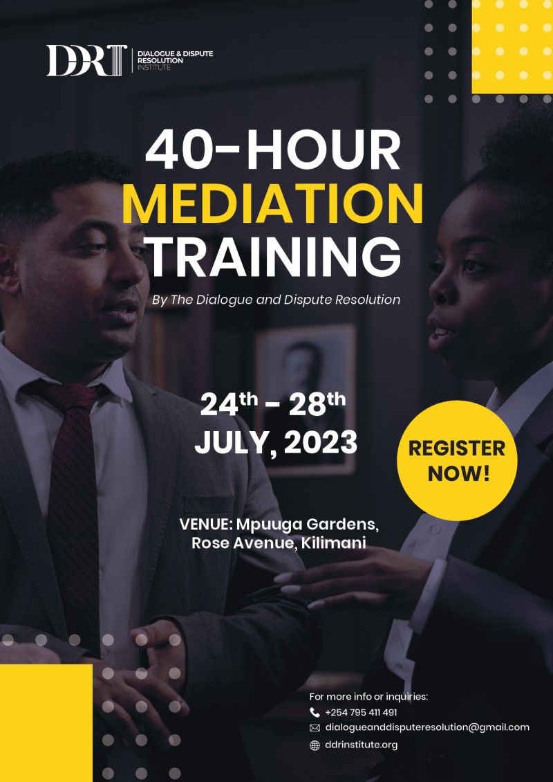 Gebrelruto's tweet photo. 📢 Join us for an empowering 40-hour Mediation Training by DDRI! 🌟
#MediationTraining #ConflictResolution #ProfessionalGrowth #DDRI #DialogueAndDisputeResolution #Networking #SkillsDevelopment #crazykennar #Fentanyl https://t.co/T8TOHScP3k