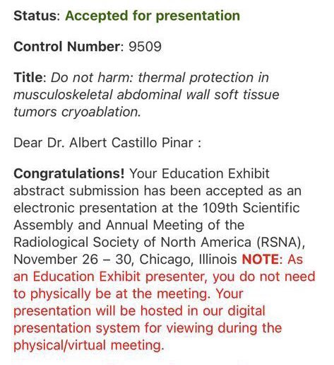 Nuestro equipo <a href="/MSK_Bellvitge/">Radiología MSK Bellvitge</a> presentará 2 trabajos en el próximo congreso <a href="/RSNA/">RSNA</a>: “WB-MRI of castration-resistant prostate bone mets: How and When” (<a href="/HdezG81_J/">Javier Hernández</a> ) y “Do not harm: thermal protection of MSK abdominal wall ST tumors cryoablation” (@ACastillo2)
Muy orgulloso!!!💪🏻