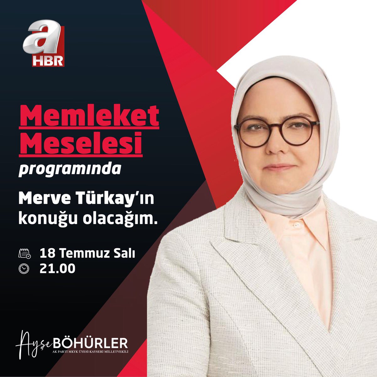 EmineTimucin's tweet photo. AK Parti Kayseri Milletvekilimiz Sayın @aysebohurler 18 Temmuz Salı günü A Haber’de Memleket Meselesi programının konuğu olacak.

İyi seyirler diliyoruz. 📺 https://t.co/RVSpWO3vWR