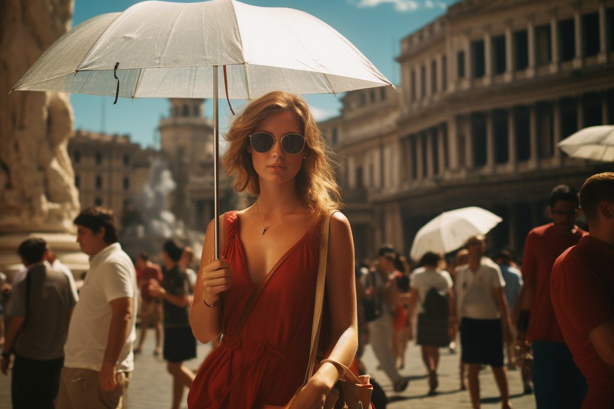 CGouaze's tweet photo. 🔥 Rome is experiencing an unprecedented heatwave, with temperatures soaring to record highs this Wednesday. These #Midjourney generated images capture the intensity of the heat, as residents seek shade under ancient ruins and fountains. Stay safe and hydrated, Rome! #Heatwave #Rome #AI