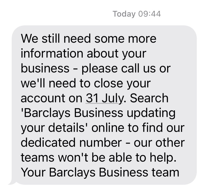 cadjockey1's tweet image. @BarclaysUK great job in threatening your customers! Someone needs #sacking for this text with no prior communication! Our data with you all up to date, as confirmed by you. Turns out this unwarranted threat is because you will be #InTheShit with @TheFCA for your own failures.