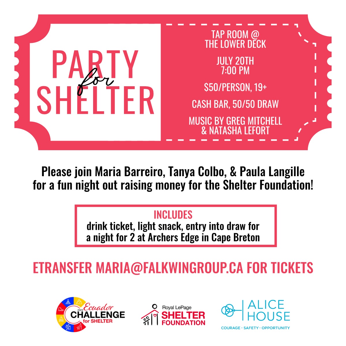We're doing a <a href="/CharityChall/">Charity Challenge</a> in Ecuador in Nov. to raise money for women's shelters across Canada &amp; locally <a href="/alicehouse/">Alice House</a>  &amp; we're having a party at the Lower Deck this Thursday. Want to come &amp; support this great cause? 100% of funds raised go to the charity. #endVAW #Halifax
