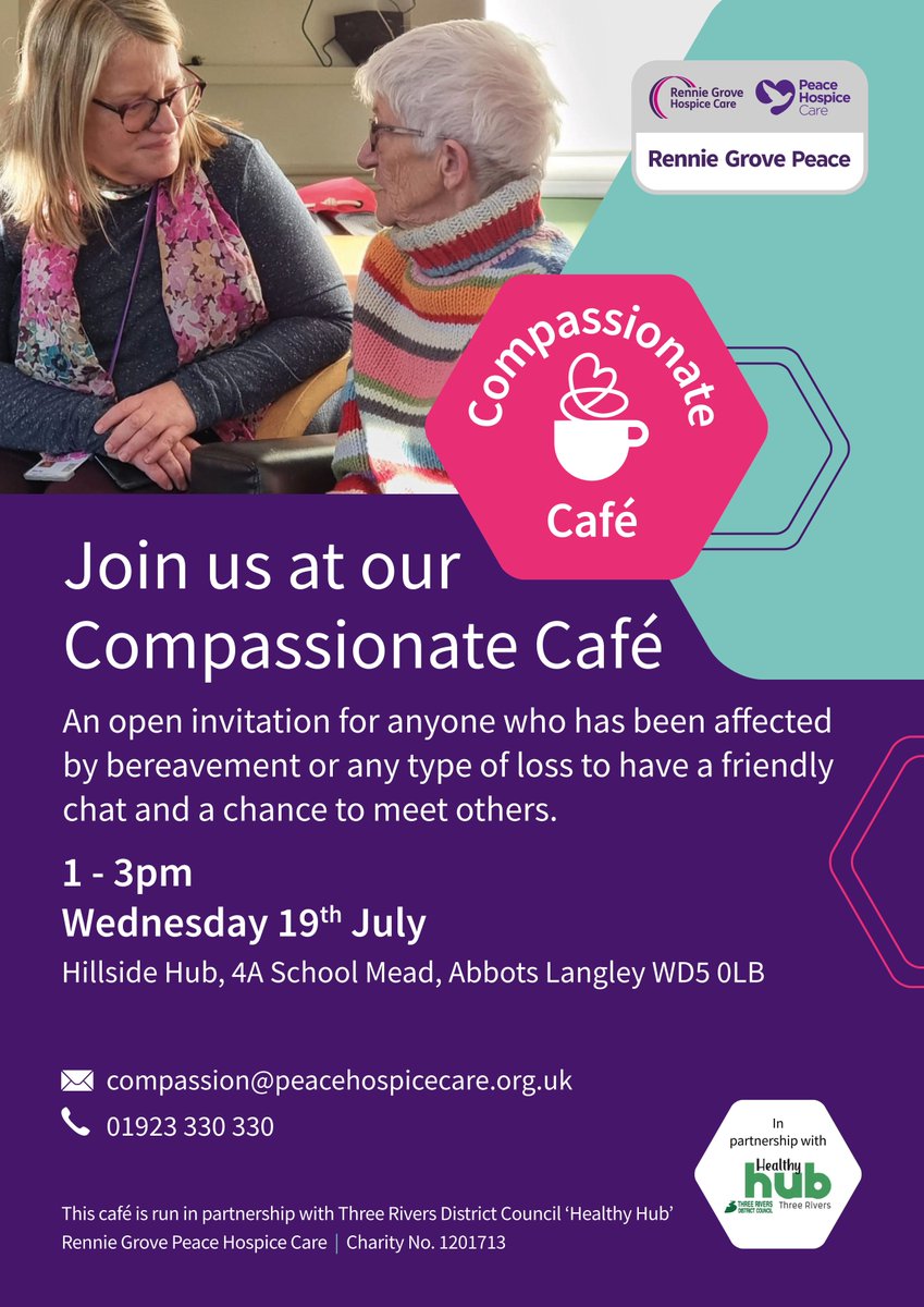 If you've been affected by bereavement, why not visit the  Compassionate Cafe at Hillside Hub #AbbotsLangley this Wednesday for a friendly chat and a chance to meet others.