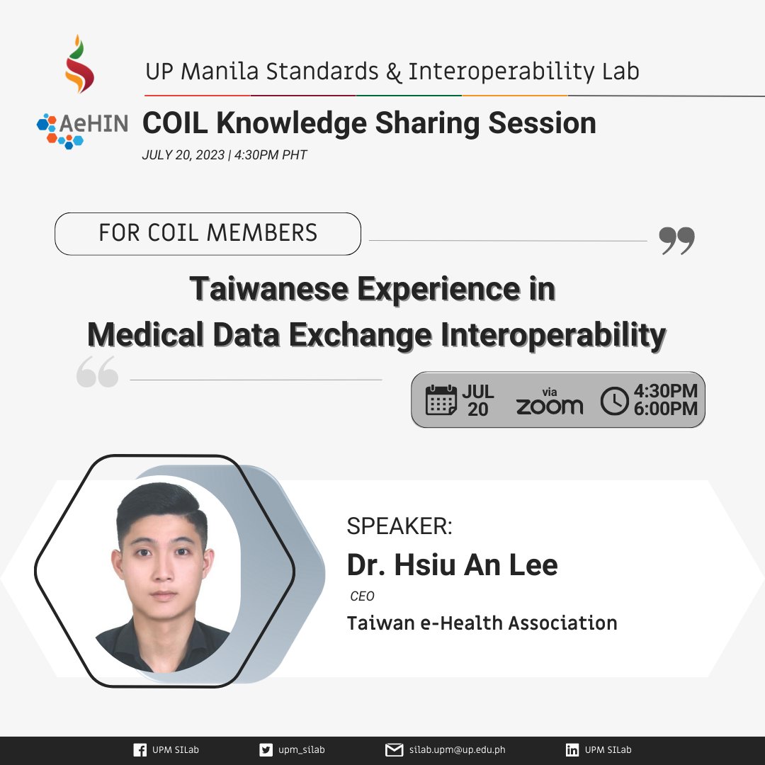 upm_silab's tweet photo. Excited for the next KSS? ๐ป๐ก
๐งโ๐ซ Dr. Hsiu An Lee is a researcher at the National Health Research Institutes Taiwan
All COIL members are invited to attend!
๐๏ธJuly 20, 2023
โฒ๏ธ4:30 - 6:00 PM (PHT)
๐ป via Zoom
See you there, AeHIN friends!
#UPMSILab #COILKSS #AeHINCOIL https://t.co/GzsSWPfPlJ