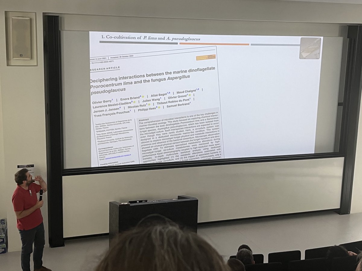 Nice presentation by Olivier Berry from #ISOMer #MarineMixrobiomeMetabolites at ⁦<a href="/APharmacognosie/">AFERP Pharmacognosie</a>⁩ about deciphering the mechanisms of interaction between #Prorocentrum lima and #Aspergillus pseudoglaucus