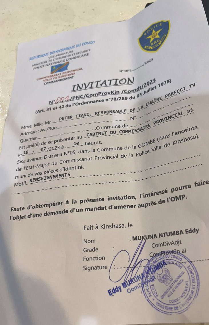 Ayant estimé que le journaliste politicien <a href="/petertiani007/">Peter Tiani</a> détiendrait beaucoup d'informations sur l'assassinat de <a href="/OkendeC/">JUSTICE POUR CHÉRUBIN OKENDE</a> , il est invité à se présenter au commissariat de police Kin pour raison de renseignement. <a href="/AugustinKabuyaT/">Augustin KABUYA</a> <a href="/TOmekenge/">Théodore Omekenge</a> <a href="/AugustinKabuyaT/">Augustin KABUYA</a> <a href="/Mapon_Matata/">Matata Ponyo Mapon</a>