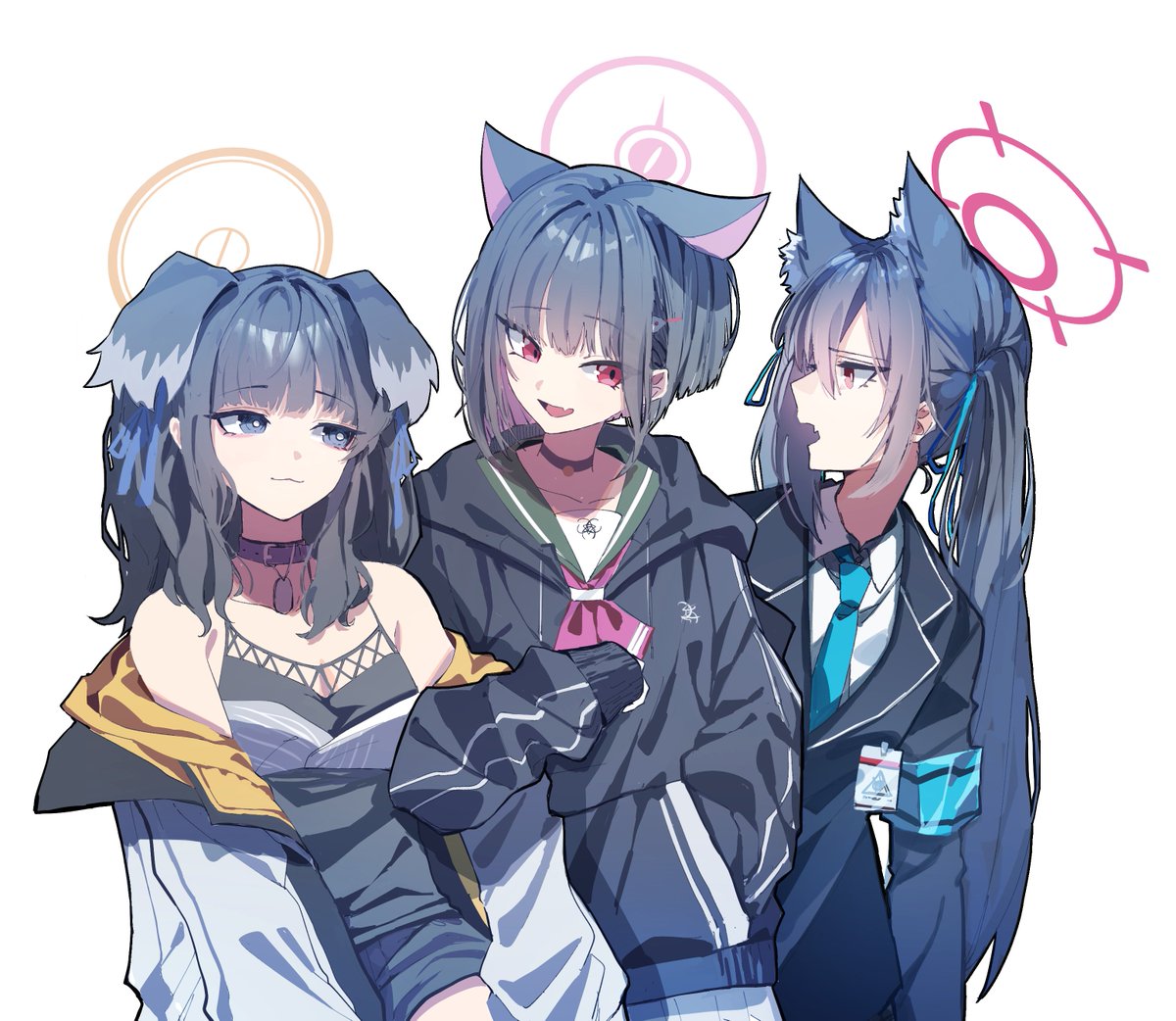 hibiki (blue archive) multiple girls 3girls animal ears dog ears halo jacket black hair  illustration images