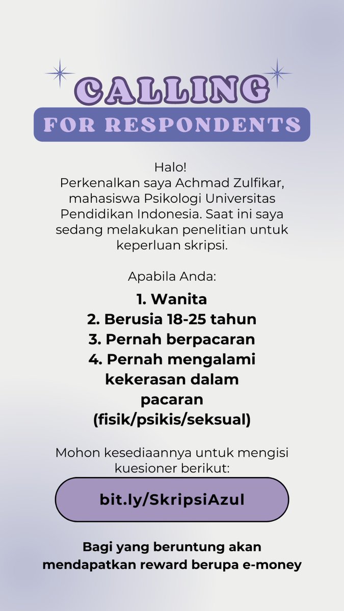 gakmaungulang's tweet photo. Halo!

Perkenalkan saya Achmad Zulfikar, mahasiswa Psikologi Universitas Pendidikan Indonesia. Saat ini saya sedang melakukan penelitian untuk keperluan skripsi.

Mohon kesediaan Anda untuk mengisi jika sesuai dengan kriteria berikut

https://t.co/NYYCNbhHtz https://t.co/ZVaTBZWhMG