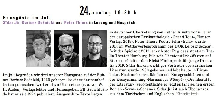 24ê Tîrmehê, li Berlînê ez ê beşdarî bernameyekê bibim. Di bernameyê de wê beşek ji HANDA bi Kurdî û beşek jî Elmanîya wê were xwendin. Bername wê li Kolokyuma Edebiyatê ya Berlînê ( @LCB_Berlin ) be.
📚📚
I will attend a program in Berlin.  The event will take place at the LCB.