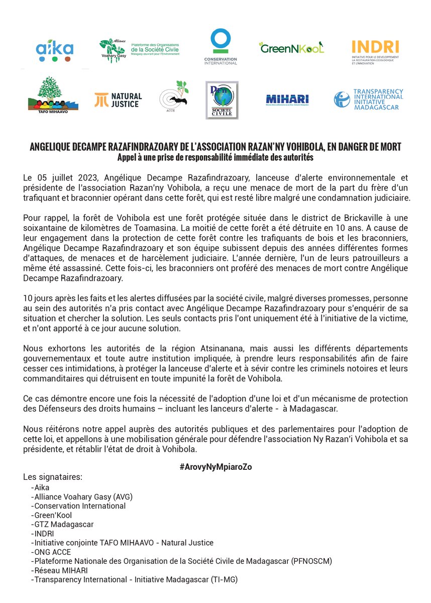 ⚠Communiqué⚠

‼ANGELIQUE DECAMPE RAZAFINDRAZOARY DE L’ASSOCIATION RAZAN’NY VOHIBOLA, EN DANGER DE MORT‼

📣Appel à une prise de responsabilité immédiate des autorités

#ArovyNyMpiaroZo
