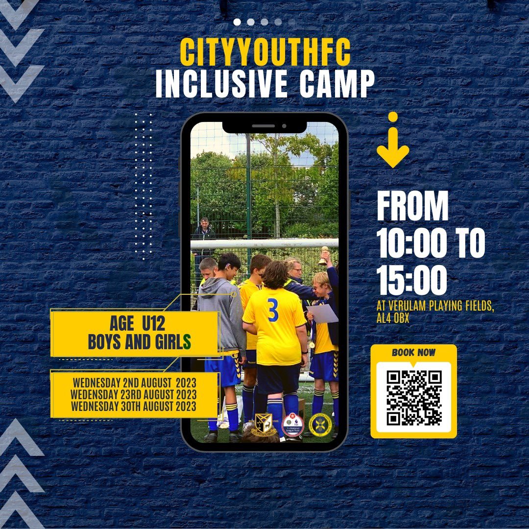 ⚽️Inclusive Football Summer Camps Fun football activities in a supportive environment for 7-12 year olds, boys & girls who have a disability or additional needs. Experienced, qualified coaches. ⚽️ Wed 2nd Aug Wed 23rd Aug Wed 30th Aug Book Now ➡️ cityyouthfc.co.uk/events/summer-…