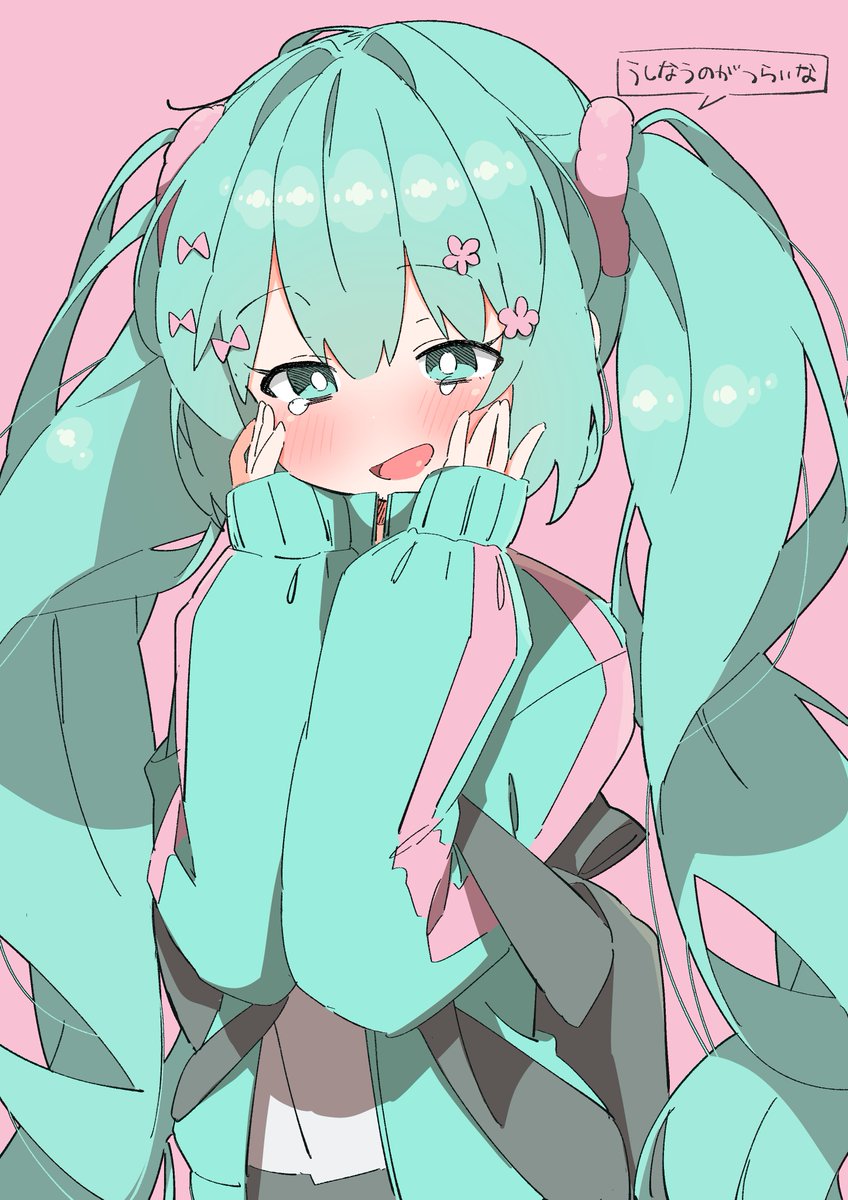 hatsune miku 1girl solo twintails long hair pink background jacket open mouth  illustration images
