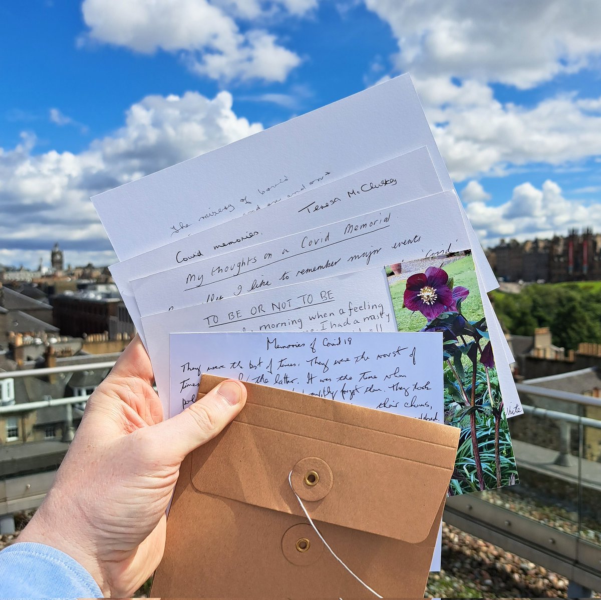 An envelope of experiences of Covid, and wishes for how a memorial might feel. All from the members of Falkirk Writers Circle. #memorial #writing #communityengagement #rememberingtogether @CircleFalkirk @greenspacescot
