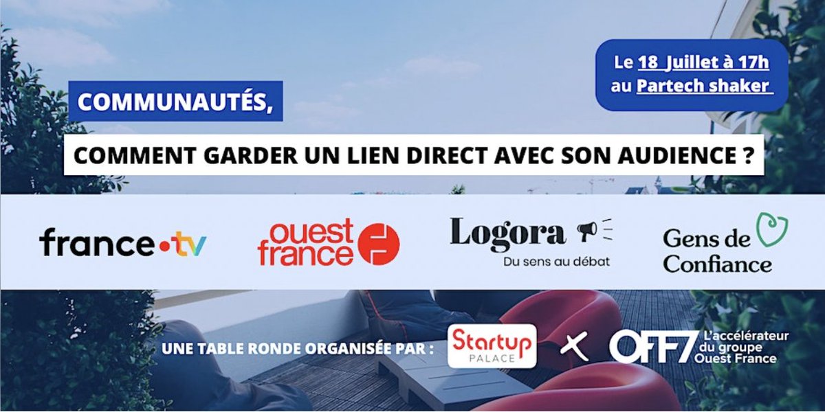🗓RDV tout à l'heure pour une table-ronde organisée par <a href="/Startup_Palace/">Startup Palace</a> et <a href="/off7_/">OFF7</a> sur le thème de la communauté : « Communautés : comment garder un lien direct avec son audience ? ».
Il reste encore quelques places. Pensez à vous inscrire !
👉🏻 urlz.fr/mEi3