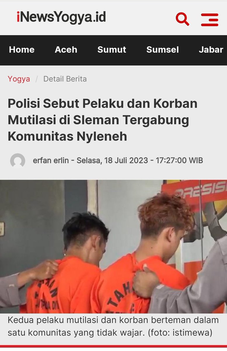 SLEMAN, iNews.id - Kasus mutilasi di Sleman diawali perteman dalam satu komunitas yang melakukan aktivitas tidak wajar (nyleneh). Antara korban dan pelaku sudah berteman selama empat bulan melalui media sosial.