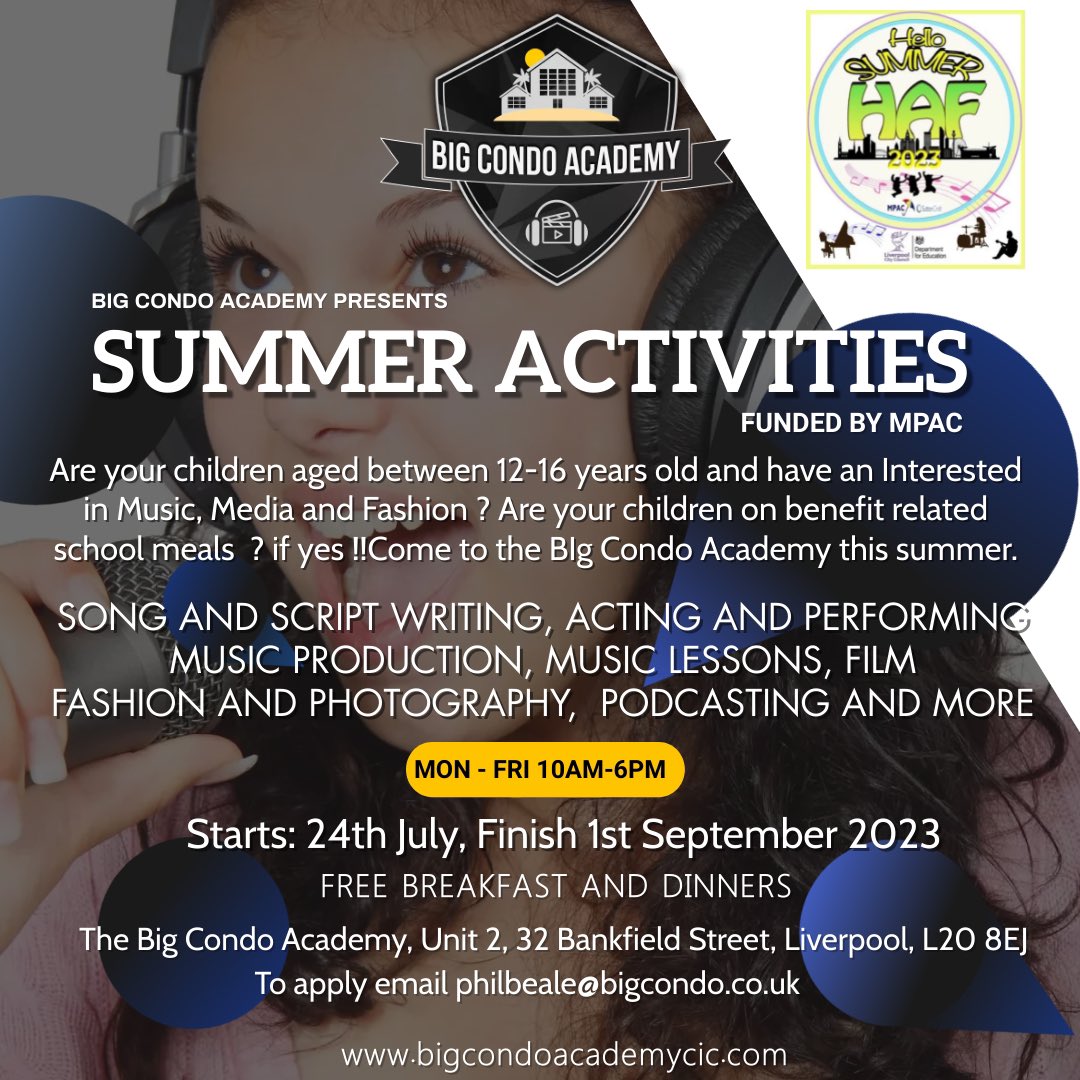 BigCondoAcademy's tweet photo. We have a couple places left for our @PlayMpac haf activity places starting the 24th July, places available for children who are on benefit related school meals, Dm us now or email philbeale@bigcondo.co.Uk , children will be taking part in all music, media and fashion activities. https://t.co/jRDxCeYVbI