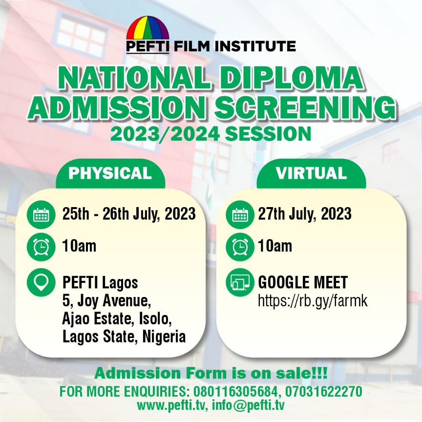 peftiFilm's tweet photo. 2023/2024 National Diploma Admission  Screening.
Admission on!
Application Form is 10,000naira

Courses Available :
Film and Television Production
Music Technology
Performing and Media Arts

#peftiadmission #peftifilminstitute #jamb #film #music #performingarts https://t.co/A30b0nzDp4