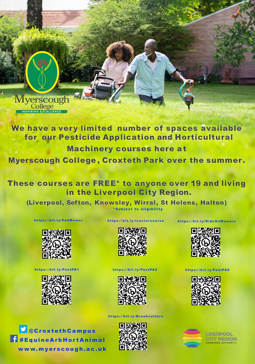 We have a very limited number of spaces available for our Pesticide Application & Horticultural Machinery courses at Myerscough College, Croxteth Park over the summer.   These courses are FREE* to anyone over 19 and living in the Liverpool City Region. *Subject to eligibility