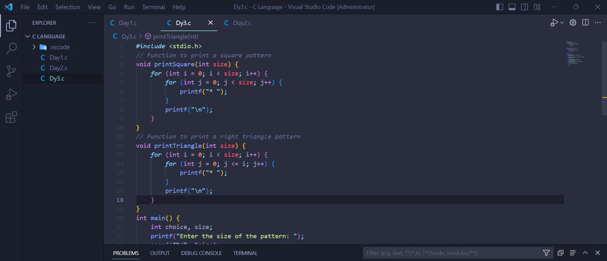 EngTymaa's tweet image. Day 3 of #100DaysOfCode challenge: Today, I learned about functions and nested loops in C programming language. I practiced creating patterns with square and right triangle shapes. Excited to continue exploring more in C! 💻🔢 #CProgramming #CodePatterns