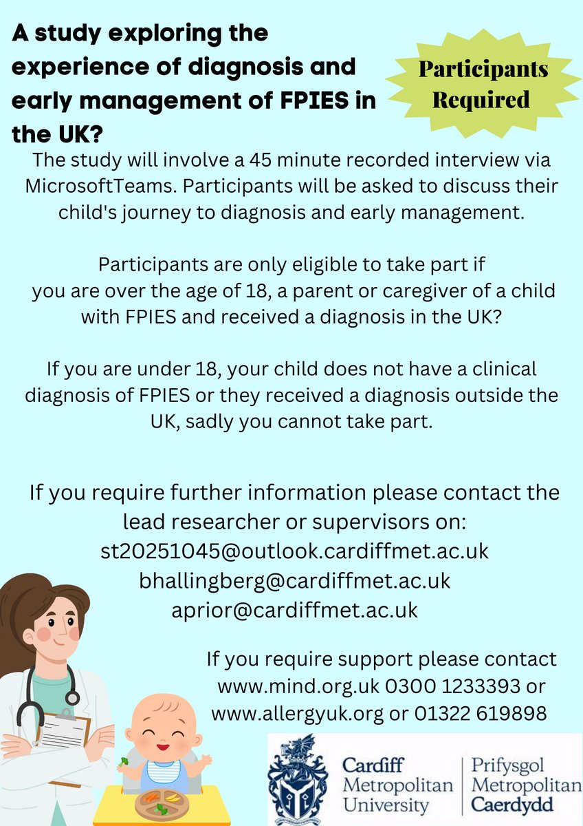 Are you a parent/caregiver of a child with a UK diagnosis of FPIES?
Would you like to discuss your experience of receiving a diagnosis and managing FPIES? If so, I'd love to hear from you 😊 This study is part of my MSc research project. 
Retweets appreciated #FPIES #Foodallergy