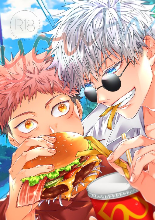 gojou satoru ,itadori yuuji food multiple boys blue eyes 2boys male focus holding burger  illustration images