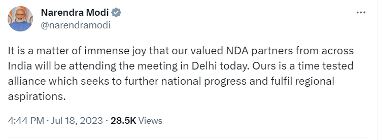 TV9UttarPradesh's tweet photo. दिल्ली में NDA की बैठक से पहले प्रधानमंत्री मोदी ने ट्वीट कर कहा "हमारा गठबंधन एक समय-परीक्षित गठबंधन है जो राष्ट्रीय प्रगति को आगे बढ़ाना और क्षेत्रीय आकांक्षाओं को पूरा करना चाहता है"

#NDAMeeting #Delhi https://t.co/xd0NHGj13z