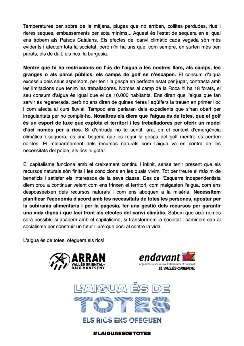 Des d'endavant Vallès Oriental i Arran Vallès Oriental - Baix Montseny hem vingut a ofegar els rics, comença el compte enrere #laiguaesdetotes