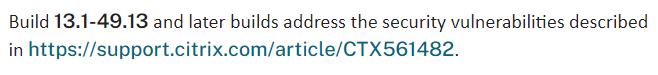 cstalhood's tweet photo. #NetScaler vulnerability fixed in version 13.1 build 49.13 https://t.co/0QeMRk7sdM https://t.co/PgDsHwlf1j
